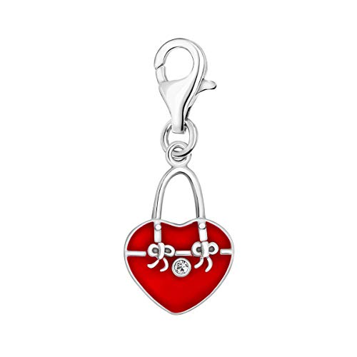 Quiges Charm Anhänger Weiß Zirkonia und Rot Emaille 3D Herz Handtasche mit Bows 925 Silber mit Karabinerverschluss für Bettelarmband von Quiges