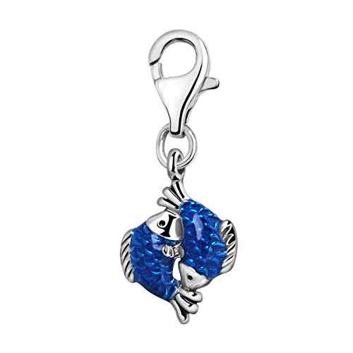 Quiges Charms Anhänger Blaue Emaille 3D 2 Fische Versilbert Damen Schmuck für Bettelarmband von Quiges