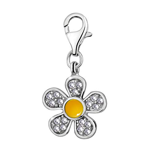 Quiges Charms Anhänger Weißes Zirkonia und Gelbe Emaille Daisy Gänseblümchen Versilbert Damen Schmuck für Bettelarmband von Quiges