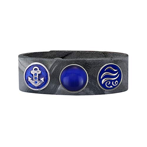 Quiges Damen 18mm Druckknopf Armband aus Leder Asphalt Grau mit Seeblaue Click Buttons 18-20cm von Quiges