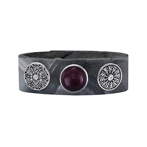 Quiges Damen 18mm Druckknopf Armband aus Leder Asphalt Grau mit Silberne und Lila Click Buttons 18-20cm von Quiges