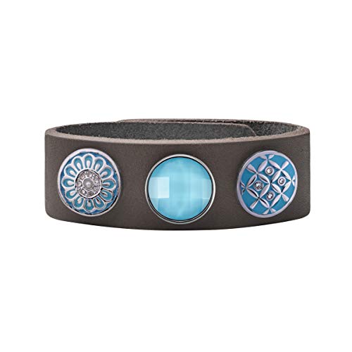 Quiges Damen 18mm Druckknopf Armband aus Leder Grau mit Blaue Click Buttons 18-20cm von Quiges