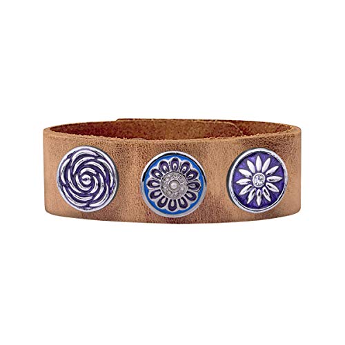 Quiges Damen 18mm Druckknopf Armband aus Leder Hellbraunes Muster mit Mehrfarbige Click Buttons 18-20cm von Quiges