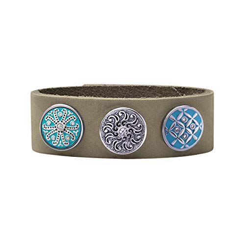 Quiges Damen 18mm Druckknopf Armband aus Leder Hellgrau mit Aquablaue Click Buttons 18-20cm von Quiges