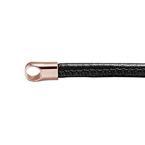 Quiges Damen Leder Halsband Schwarz Rose Gold Edelstahl 70cm ohne Verbindungsring und Öffnungsanhänger von Quiges