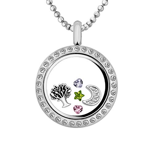 Quiges Edelstahl Living Memory Zirkonia Anhänger 25mm mit Kette und 5 Floating Charms von Quiges