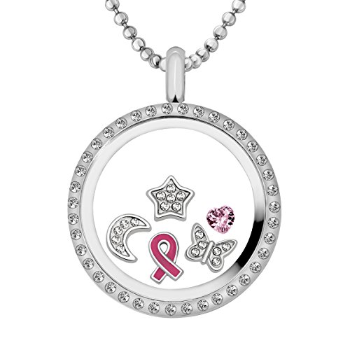 Quiges Edelstahl Living Memory Zirkonia Anhänger 30mm mit Kette und 5 Floating Charms von Quiges