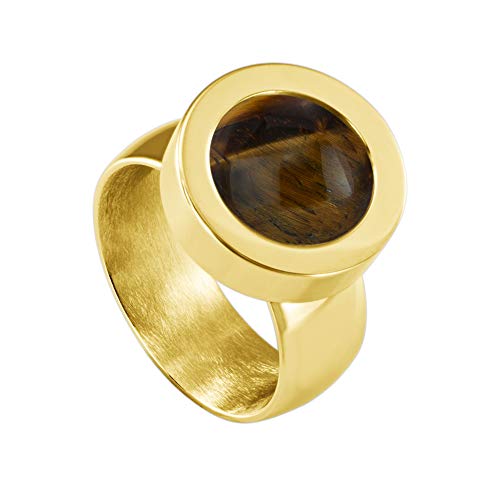 Quiges Glänzend Gold Edelstahl Ring 12mm Mini Coin Halter Wechselring und Austauschbare Brauner Tigerauge Stein in der Größe 17mm von Quiges
