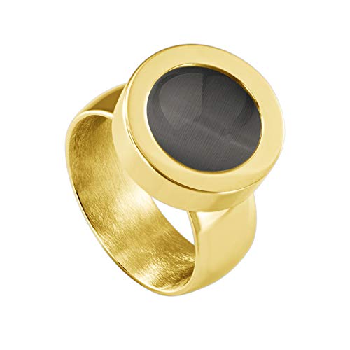 Quiges Glänzend Gold Edelstahl Ring 12mm Mini Coin Halter Wechselring und Austauschbare Dunkelgrauer Katzenaugenstein in der Größe 20mm von Quiges