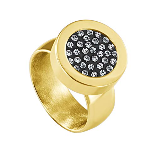 Quiges Glänzend Gold Edelstahl Ring 12mm Mini Coin Halter Wechselring und Austauschbare Grau mit weißem Zirkonia Coin in der Größe 19mm von Quiges