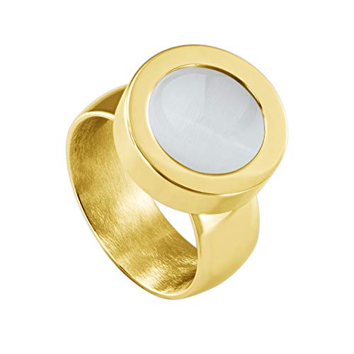 Quiges Glänzend Gold Edelstahl Ring 12mm Mini Coin Halter Wechselring und Austauschbare Weißer Katzenaugenstein in der Größe 19mm von Quiges