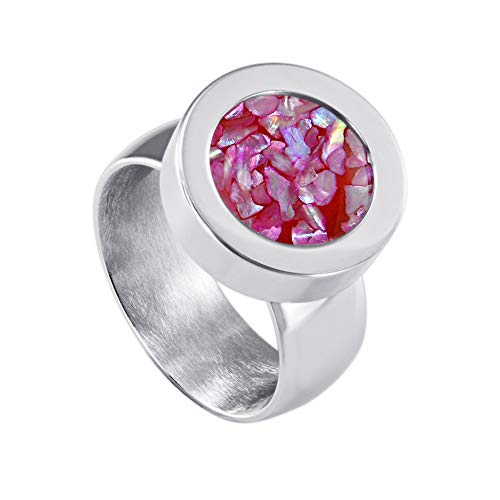 Quiges Glänzendes Silber Edelstahl Ring 12mm Mini Coin Halter Wechselring und Austauschbar Rosa Flocken Muschel Coin in Größe 20mm von Quiges