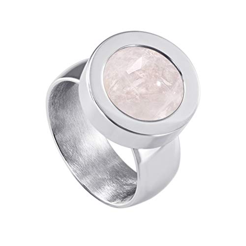 Quiges Glänzendes Silber Edelstahl Ring 12mm Mini Coin Halter Wechselring und Austauschbar Rosa Quarz Stein in Größe 19mm von Quiges