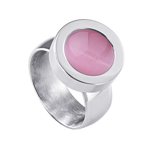Quiges Glänzendes Silber Edelstahl Ring 12mm Mini Coin Halter Wechselring und Austauschbar Staubig Rosa Katzenauge Stein in Größe 22mm von Quiges