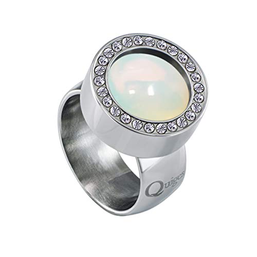 Quiges Ring Silber Edelstahl Glänzend 12mm mit Zirkonia Mini Coin Halter Wechselring und Austauschbar Opal Coin in Größe 19mm von Quiges