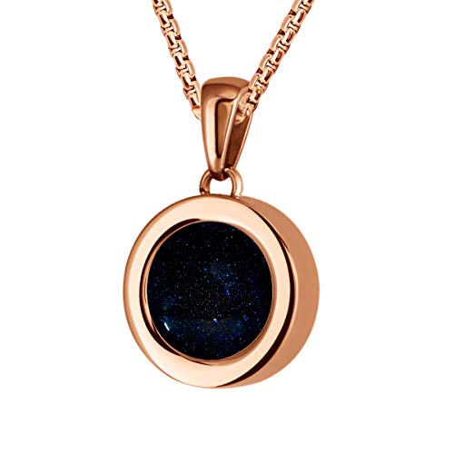 Quiges Rosegold Anhänger Edelstahl 12mm Mini Coin Halter und Deep Blaue Sternenstaub Weltraum Stein mit Kette 42 + 4cm Verlängerungskette von Quiges