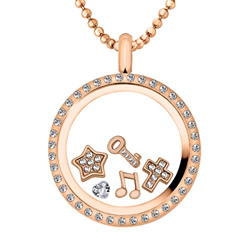 Quiges Rosegold Edelstahl Living Memory Zirkonia Anhänger 30mm mit Kette und 5 Floating Charms von Quiges