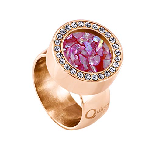 Quiges Rosegold Ring Edelstahl Glänzend 12mm Mini Coin Halter Wechselring mit Zirkonia und Austauschbare Rosa Flocken Shell Coin in der Größe 17mm von Quiges