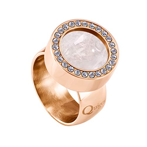 Quiges Rosegold Ring Edelstahl Glänzend 12mm Mini Coin Halter Wechselring mit Zirkonia und Austauschbare Rosa Quarz Stein in der Größe 20mm von Quiges