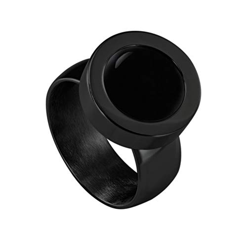 Quiges Schwarzer Ring Edelstahl Glänzend 12mm Mini Coin Halter Wechselring und Austauschbar Natürlicher Schwarzer Achat Stein in Größe 19mm von Quiges