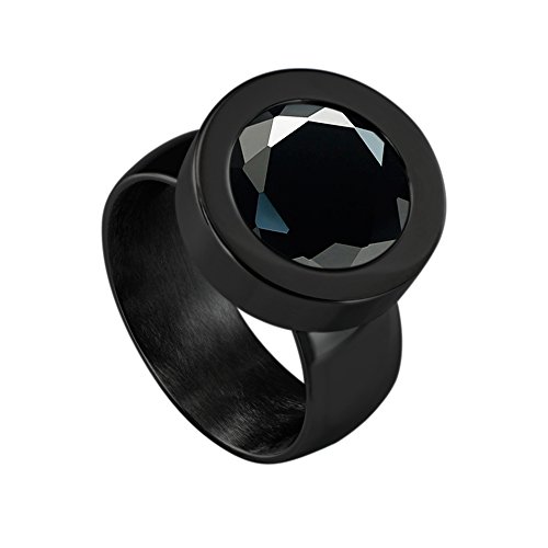 Quiges Schwarzer Ring Edelstahl Glänzend 12mm Mini Coin Halter Wechselring und Austauschbar Schwarzes Rundes Zirkonia Coin in Größe 17mm von Quiges