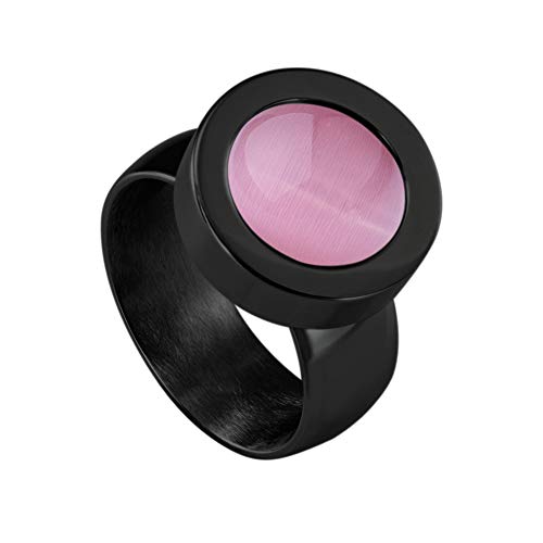 Quiges Schwarzer Ring Edelstahl Glänzend 12mm Mini Coin Halter Wechselring und Austauschbar Staubig Rosa Katzenauge Stein in Größe 19mm von Quiges