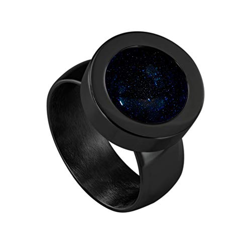Quiges Schwarzer Ring Edelstahl Glänzend 12mm Mini Coin Halter Wechselring und Austauschbar Tiefblauer Sternenstaub Weltraum Stein in Größe 20mm von Quiges