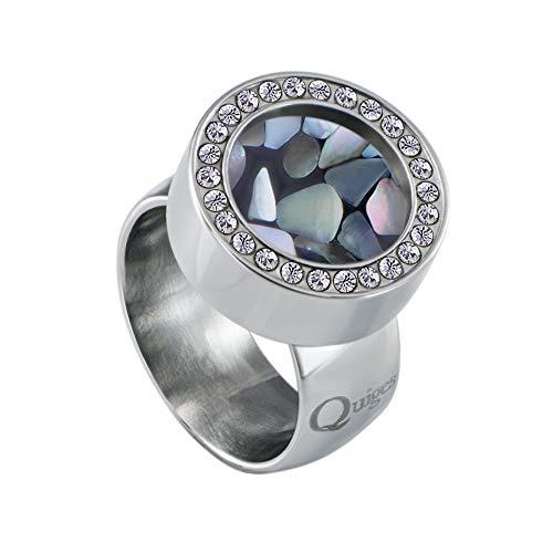 Quiges Silber Edelstahl Ring mit Zirkonia 12mm Mini Coin Halter Wechselring und Austauschbar Grauer Kieselstein Muschel Coin in Größe 20mm von Quiges