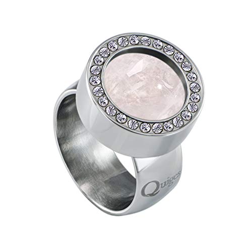 Quiges Silber Edelstahl Ring mit Zirkonia 12mm Mini Coin Halter Wechselring und Austauschbar Rosa Quarz Stein in Größe 17mm von Quiges