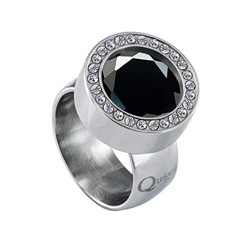 Quiges Silber Edelstahl Ring mit Zirkonia 12mm Mini Coin Halter Wechselring und Austauschbar Schwarzes Rundes Zirkonia Coin in Größe 18mm von Quiges