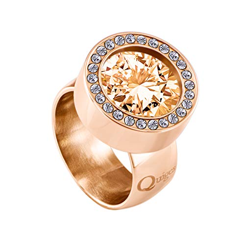 Quiges Wechselring Rosegold Ring Edelstahl mit Zirkonia 12mm Mini Coin Halter und Zirkonia Coin Champagne in Größe 17mm von Quiges