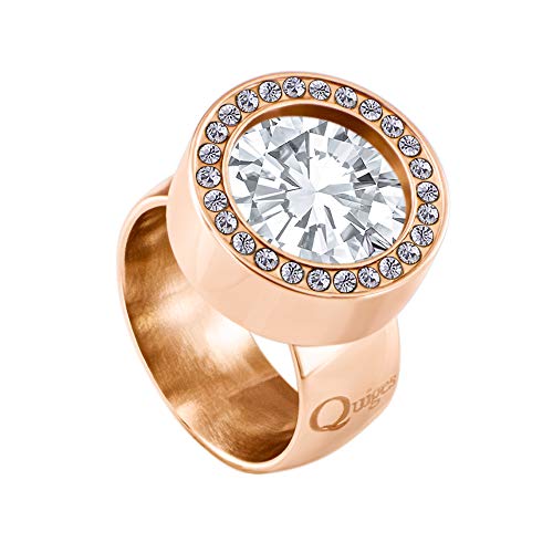 Quiges Wechselring Rosegold Ring Edelstahl mit Zirkonia 12mm Mini Coin Halter und Zirkonia Coin Transparent in Größe 16mm von Quiges