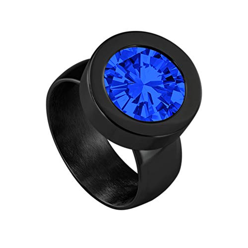 Quiges Wechselring Schwarz Ring Edelstahl 12mm Mini Coin Halter und Zirkonia Coin Blau in Größe 20mm von Quiges