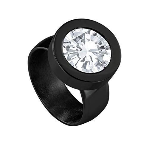 Quiges Wechselring Schwarz Ring Edelstahl 12mm Mini Coin Halter und Zirkonia Coin Transparent in Größe 20mm von Quiges