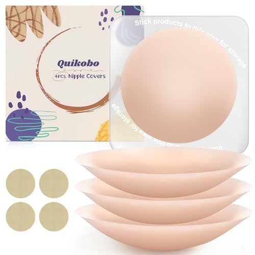 Quikobo Nippelpads - 4 Stück Nipple Covers ultradünn aus Silikon für Damen - Wiederverwendbar & Waschbar Brustwarzenabdeckung - Klebe BH Mit Aufbewahrungs Board Crème von Quikobo