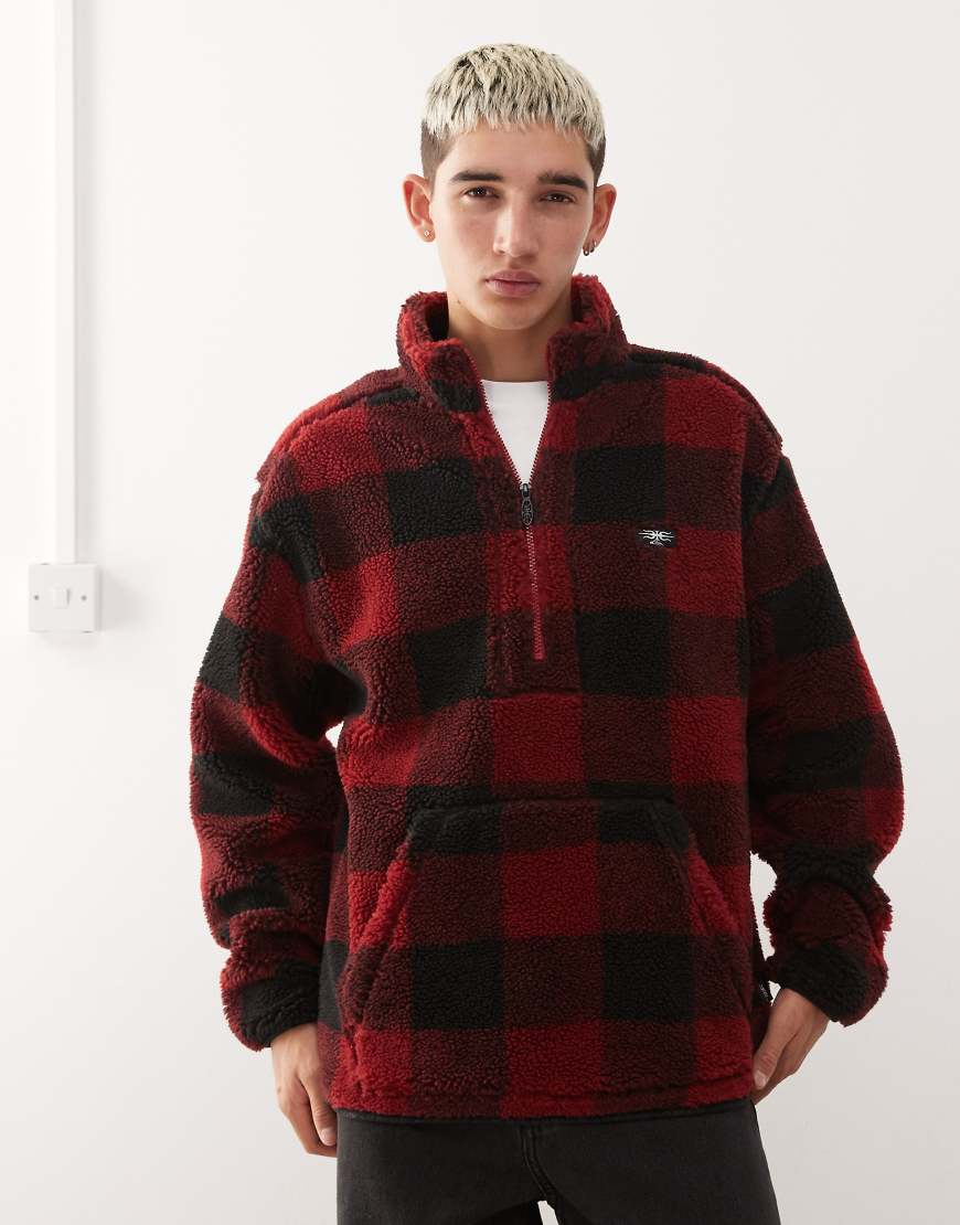 Quiksilver - Mercury Woodlands - Karierte Jacke aus Sherpa-Fleece in Woodlands Biking Red mit kurzem Reißverschluss-Rot von Quiksilver