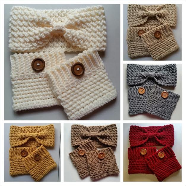 Häkelschleife Stirnband Ohrenwärmer Und Stiefel Manschetten Sets - Wählen Sie Ihre Farbe von QuiltNCrochet