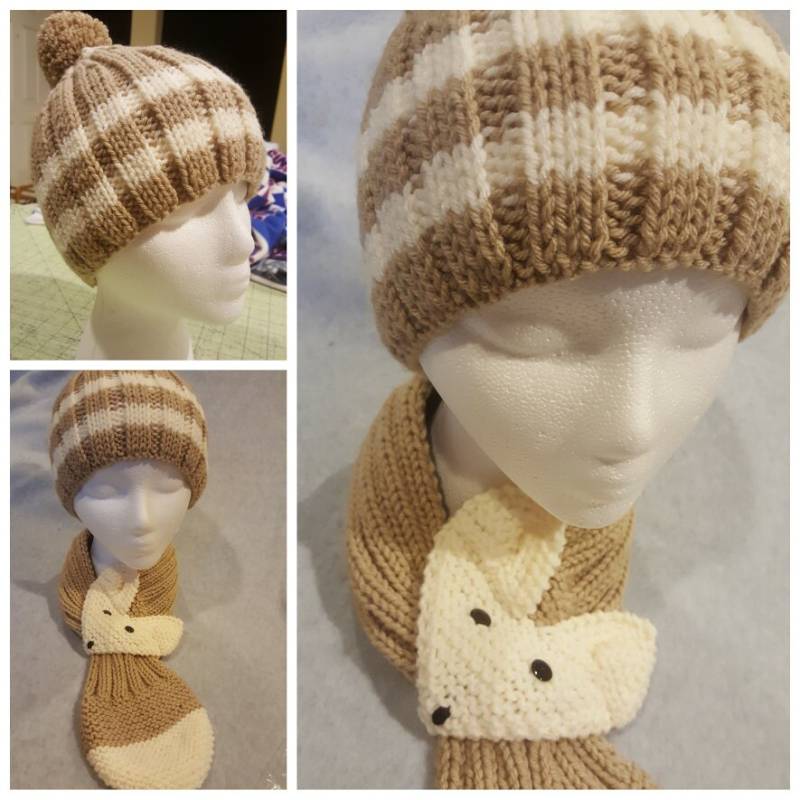 Set Handgestrickte Kindermütze/Beanie Mit Pom Fuchs Schlüsselloch Halswärmer Schal von QuiltNCrochet