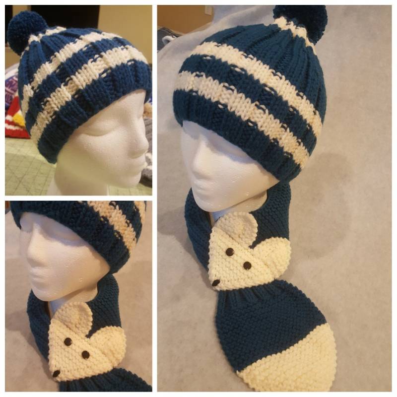 Set Handgestrickte Kindermütze/Beanie Mit Pom Fuchs Schlüsselloch Halswärmer Schal von QuiltNCrochet