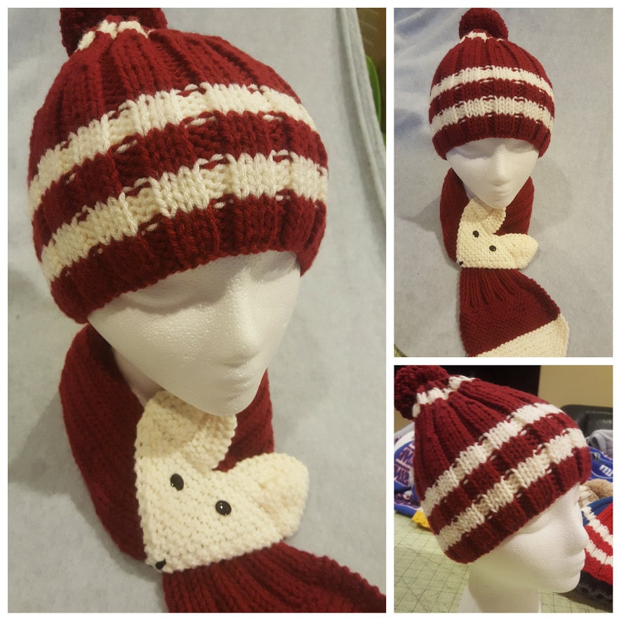 Set Handgestrickte Kindermütze/Beanie Mit Pom Fuchs Schlüsselloch Halswärmer Schal von QuiltNCrochet