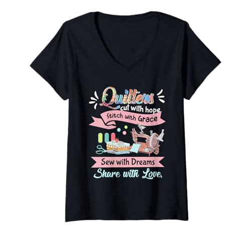 Damen Quilterin mit Hope Stich Hexe Grace Sewing T-Shirt mit V-Ausschnitt von Quilters cut with hope stitch witch grace sewing