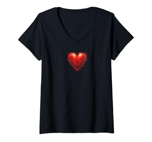 Damen Pixel Art Rote Liebe T-Shirt mit V-Ausschnitt Damen Pixel Art Rote Liebe T-Shirt mit V-Ausschnitt von Quinn Cafe