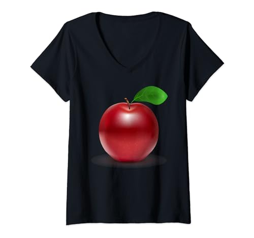 Damen Roter Apfel mit Blatt-Illustration T-Shirt mit V-Ausschnitt Damen Roter Apfel mit Blatt-Illustration T-Shirt mit V-Ausschnitt von Quinn Cafe