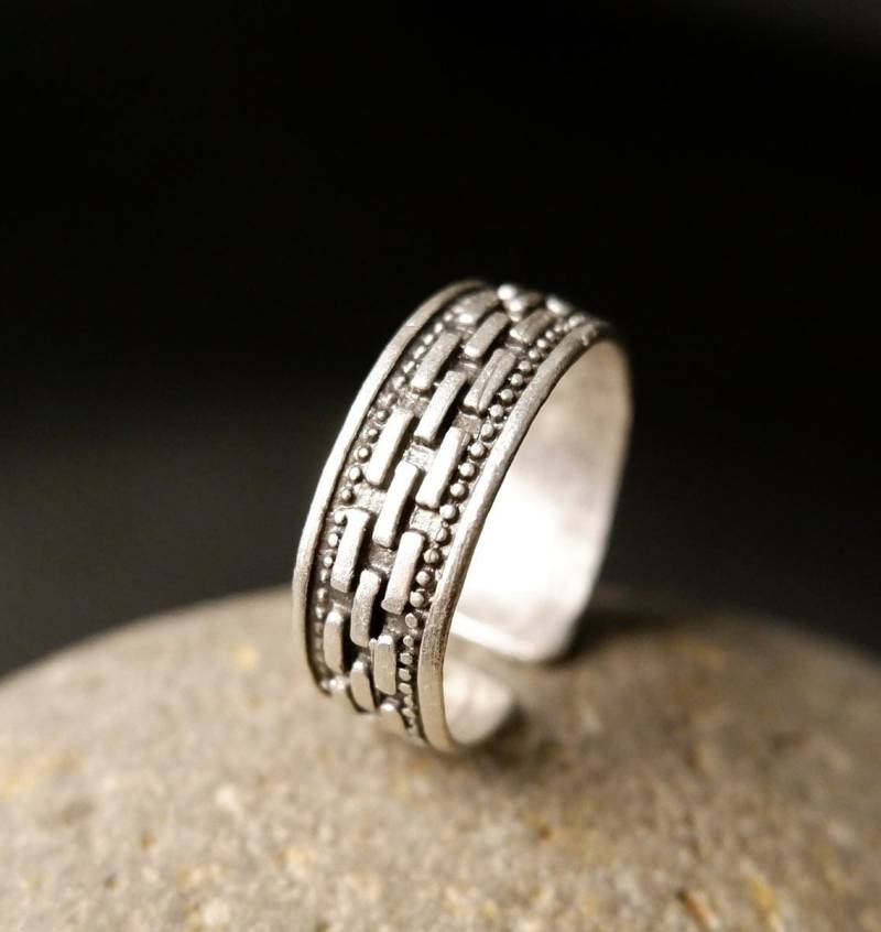 Brick Band Ring - Einzigartig Statement Ring Breiter Band Unisex Minimalist Geschnitzter Handgefertigt Einstellbar Qd43 von QuipoTR