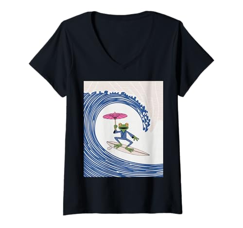 Damen Lustiger Kimono-Sonnenschirm mit Froschmotiv, japanischer Humor T-Shirt mit V-Ausschnitt von Quirky Animal Surf Joke Retro Aesthetic Ocean Art
