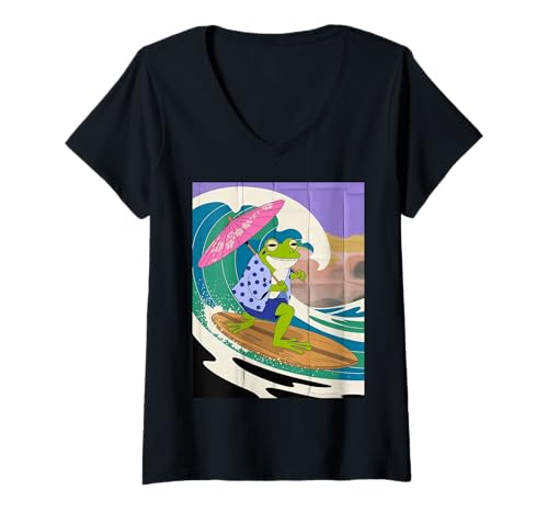Damen Lustiger Kimono-Sonnenschirm mit Froschmotiv, japanischer Humor T-Shirt mit V-Ausschnitt von Quirky Animal Surf Joke Retro Aesthetic Ocean Art