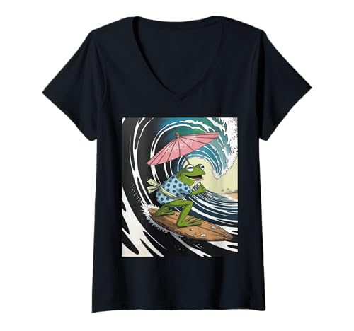 Damen Lustiger Kimono-Sonnenschirm mit Froschmotiv, japanischer Humor T-Shirt mit V-Ausschnitt von Quirky Animal Surf Joke Retro Aesthetic Ocean Art