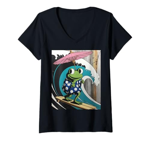 Damen Lustiger Kimono-Sonnenschirm mit Froschmotiv, japanischer Humor T-Shirt mit V-Ausschnitt von Quirky Animal Surf Joke Retro Aesthetic Ocean Art