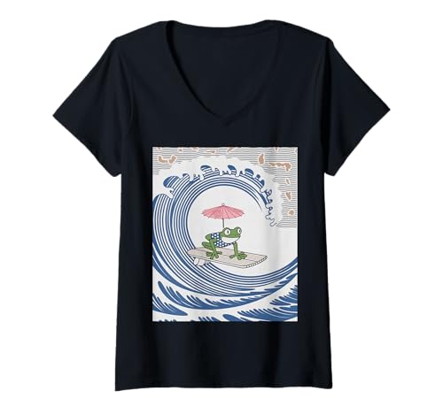 Damen Lustiger Kimono-Sonnenschirm mit Froschmotiv, japanischer Humor T-Shirt mit V-Ausschnitt von Quirky Animal Surf Joke Retro Aesthetic Ocean Art