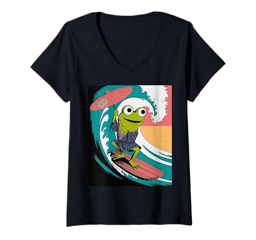 Damen Lustiger Kimono-Sonnenschirm mit Froschmotiv, japanischer Humor T-Shirt mit V-Ausschnitt von Quirky Animal Surf Joke Retro Aesthetic Ocean Art